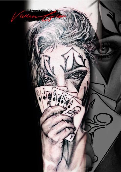  realistic tattoo of a woman playing poker revealing her cards while looking wery satisfied 